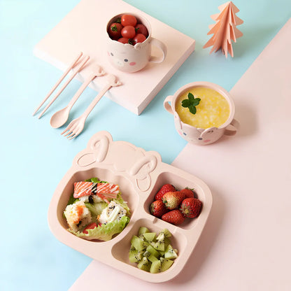 Baby dinosaur tableware set with 8-inch plates in blue, green, and pink colour options