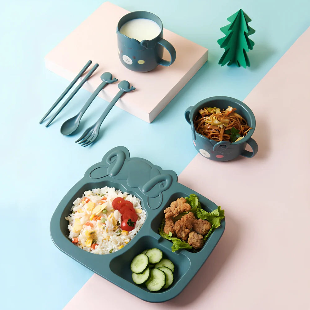 Baby dinosaur tableware set with 8-inch plates in blue, green, and pink colour options