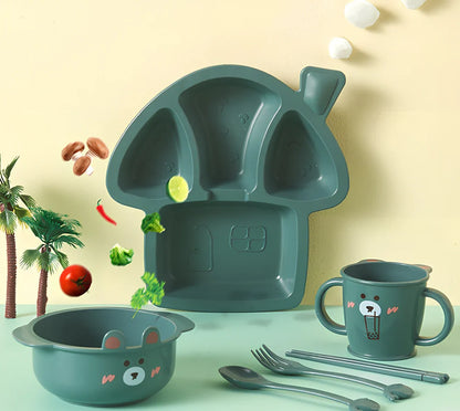 Baby dinosaur tableware set with 8-inch plates in blue, green, and pink colour options