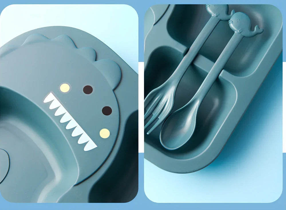 Baby dinosaur tableware set with 8-inch plates in blue, green, and pink colour options