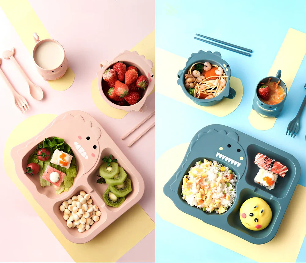 Baby dinosaur tableware set with 8-inch plates in blue, green, and pink colour options