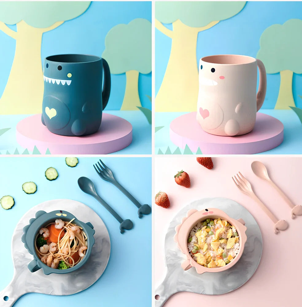 Baby dinosaur tableware set with 8-inch plates in blue, green, and pink colour options
