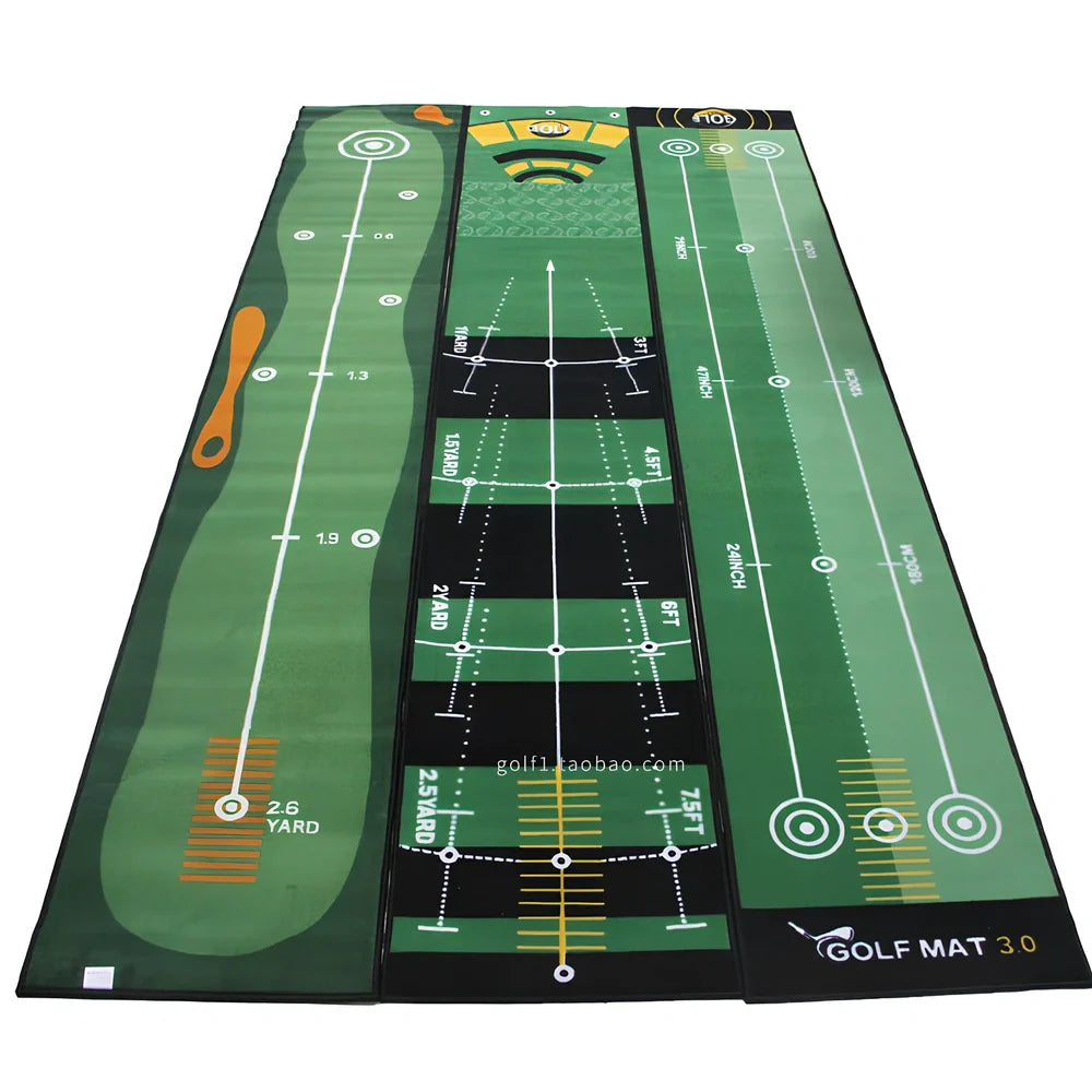 Green golf putting practice blanket with TPR surface measuring 3 metres long by 0.5 metres wide