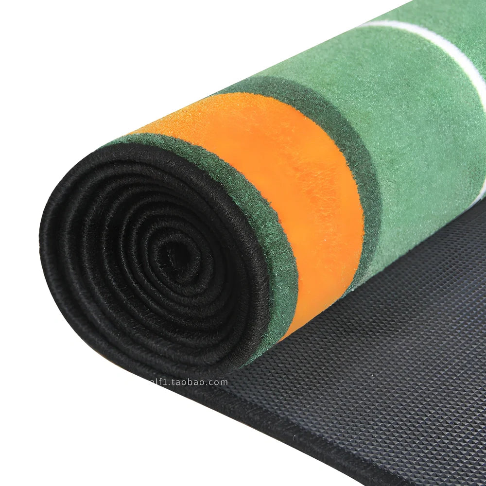 Green golf putting practice blanket with TPR surface measuring 3 metres long by 0.5 metres wide