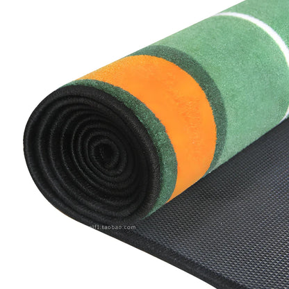 Green golf putting practice blanket with TPR surface measuring 3 metres long by 0.5 metres wide