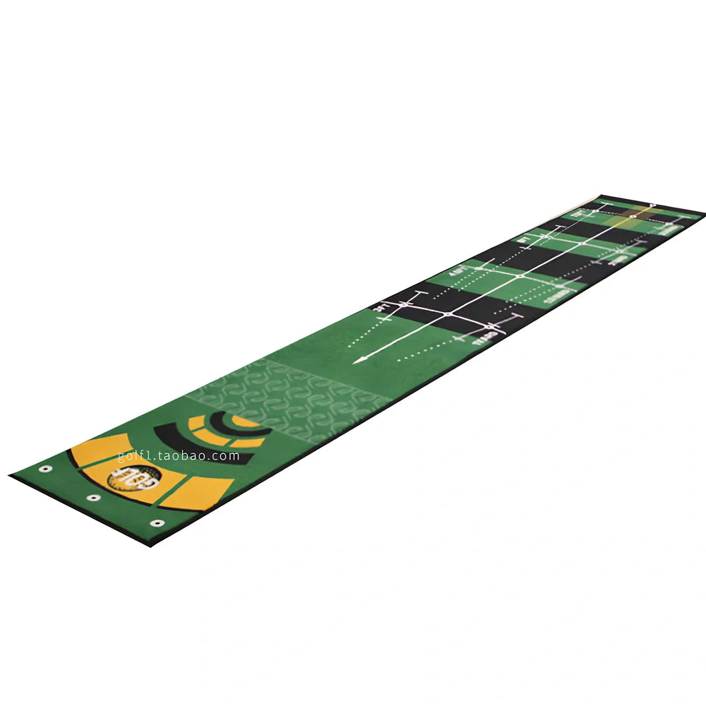 Green golf putting practice blanket with TPR surface measuring 3 metres long by 0.5 metres wide