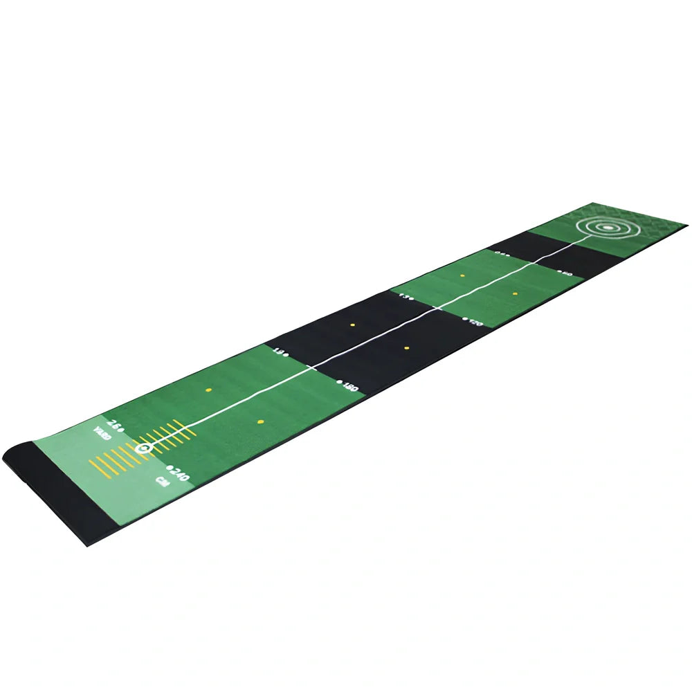 Green golf putting practice blanket with TPR surface measuring 3 metres long by 0.5 metres wide