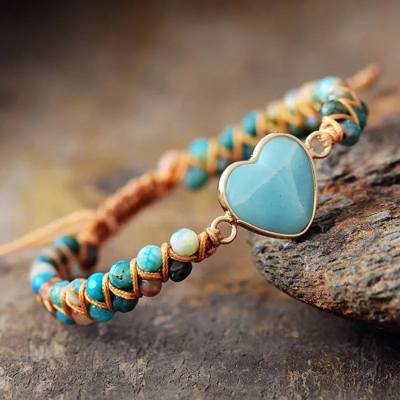 Adjustable heart charm bracelet with blue-green amazonite stones and braided macrame wristband