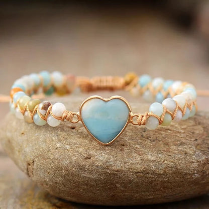 Adjustable heart charm bracelet with blue-green amazonite stones and braided macrame wristband