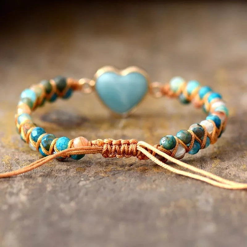 Adjustable heart charm bracelet with blue-green amazonite stones and braided macrame wristband