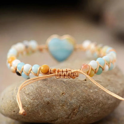 Adjustable heart charm bracelet with blue-green amazonite stones and braided macrame wristband