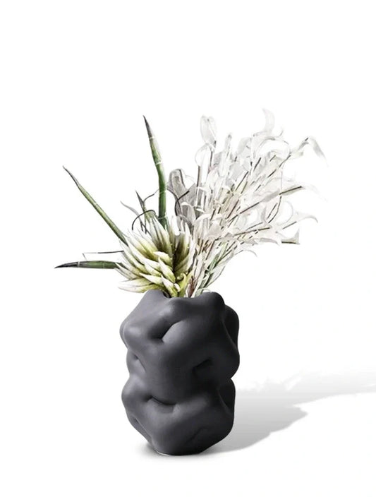 Ceramic flower vase with irregular textured surface, white or black finish, 34cm height