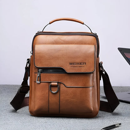Vintage PU leather vertical business bag, 22cm x 26cm, with zip opening, laptop compartment and soft handle