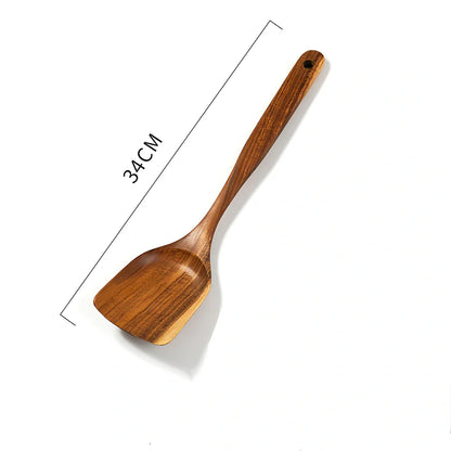 Teak unlacquered solid wood spatula for non-stick wok cooking with seven size options