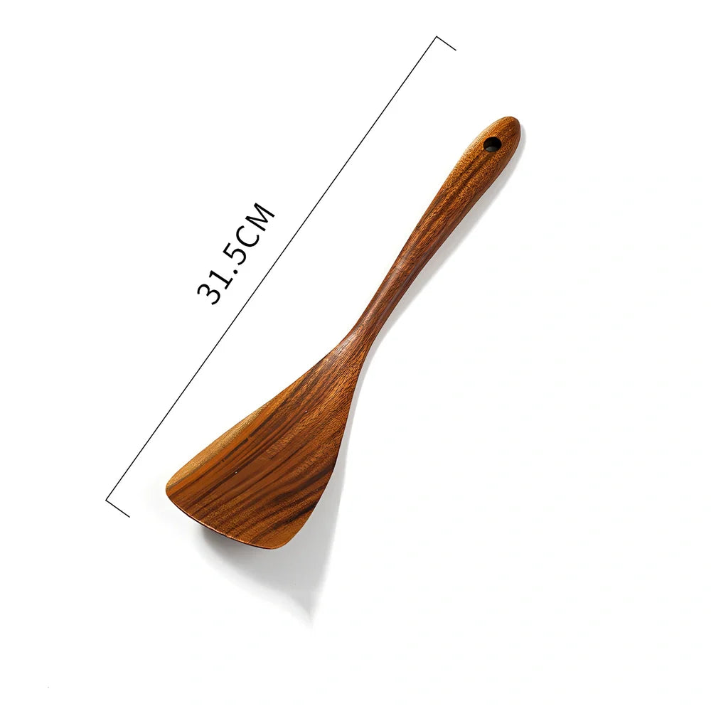 Teak unlacquered solid wood spatula for non-stick wok cooking with seven size options