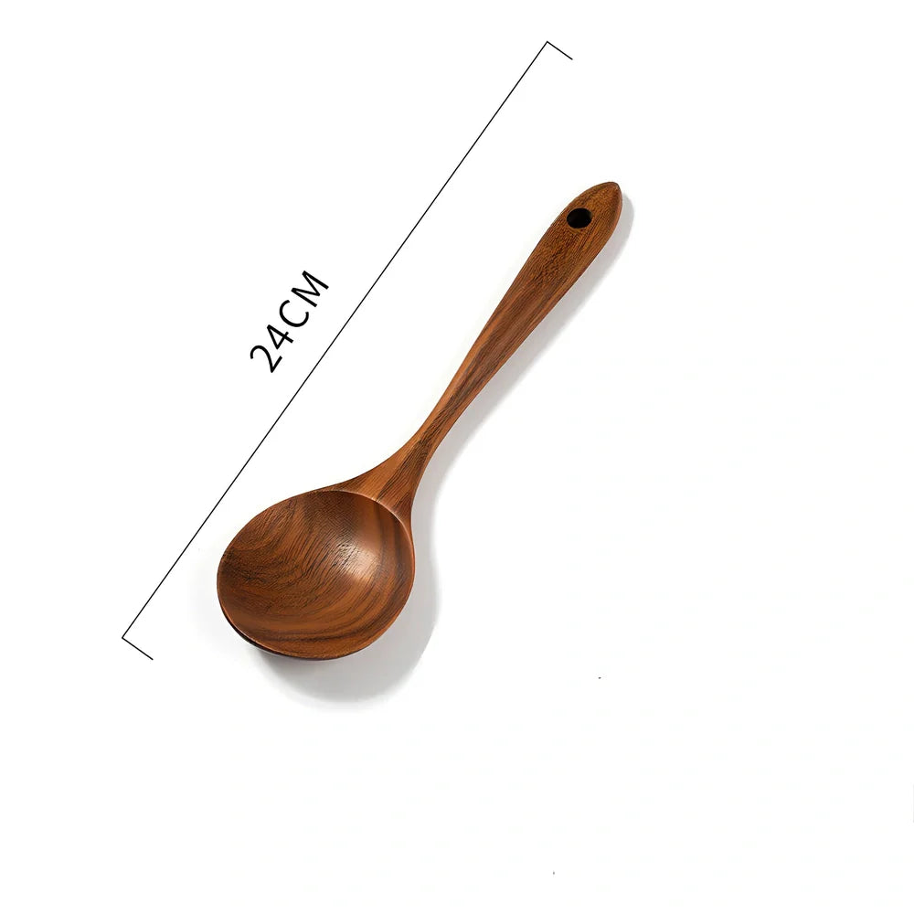 Teak unlacquered solid wood spatula for non-stick wok cooking with seven size options