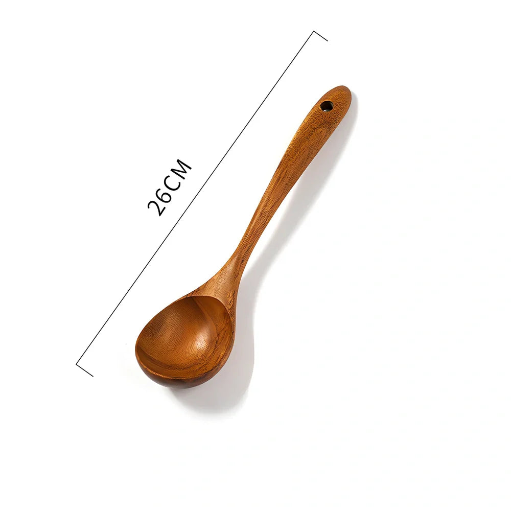 Teak unlacquered solid wood spatula for non-stick wok cooking with seven size options