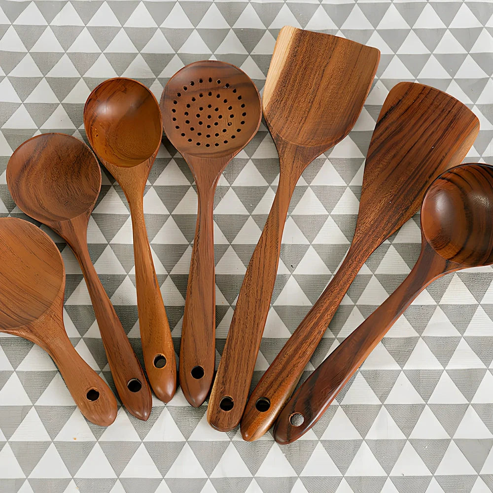 Teak unlacquered solid wood spatula for non-stick wok cooking with seven size options