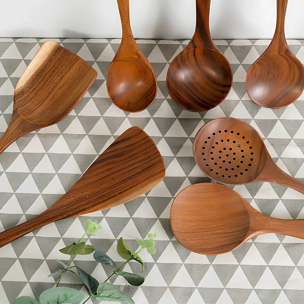 Teak unlacquered solid wood spatula for non-stick wok cooking with seven size options