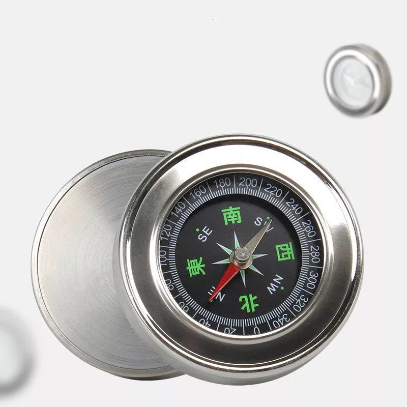 Stainless steel outdoor compass with brushed metal finish for hiking and camping