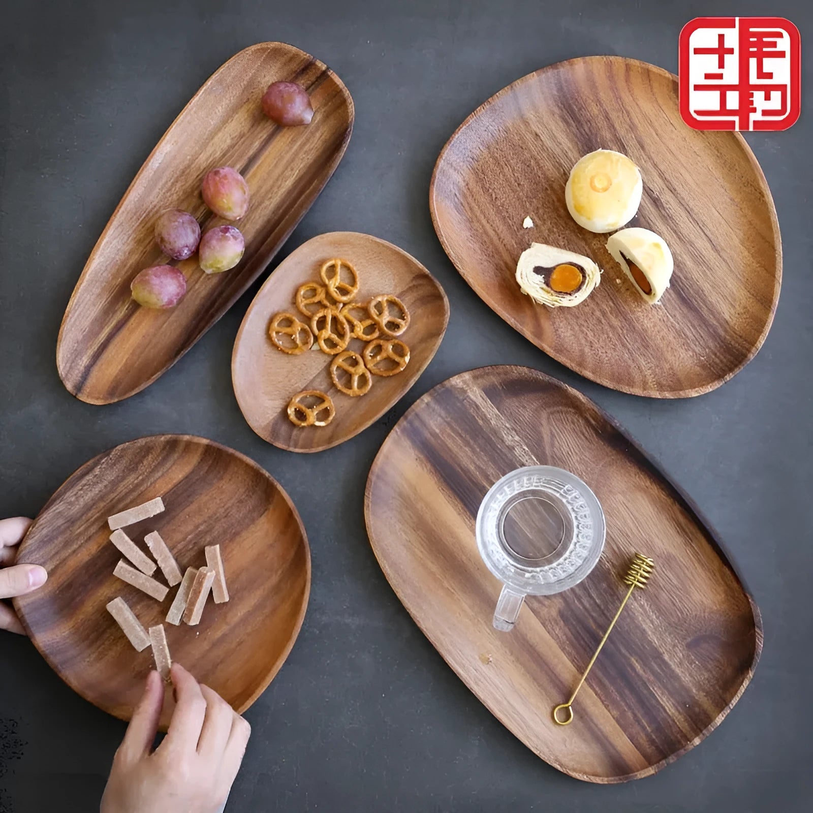 Acacia wood Japanese snack platter with hand-polished finish and natural wood grain