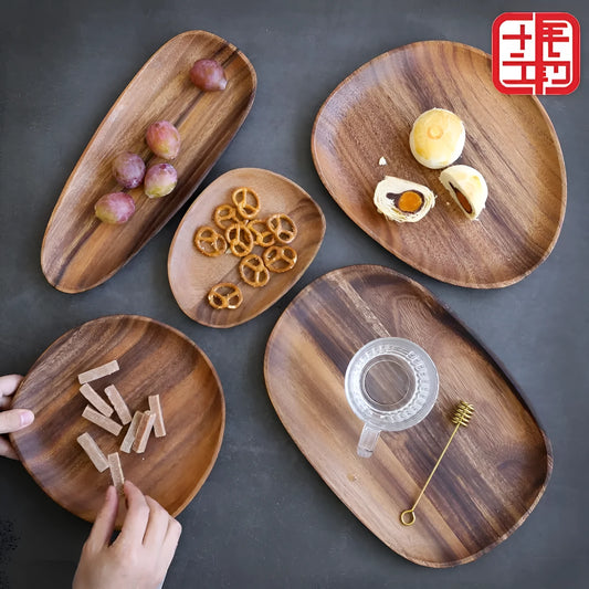 Acacia wood Japanese snack platter with hand-polished finish and natural wood grain