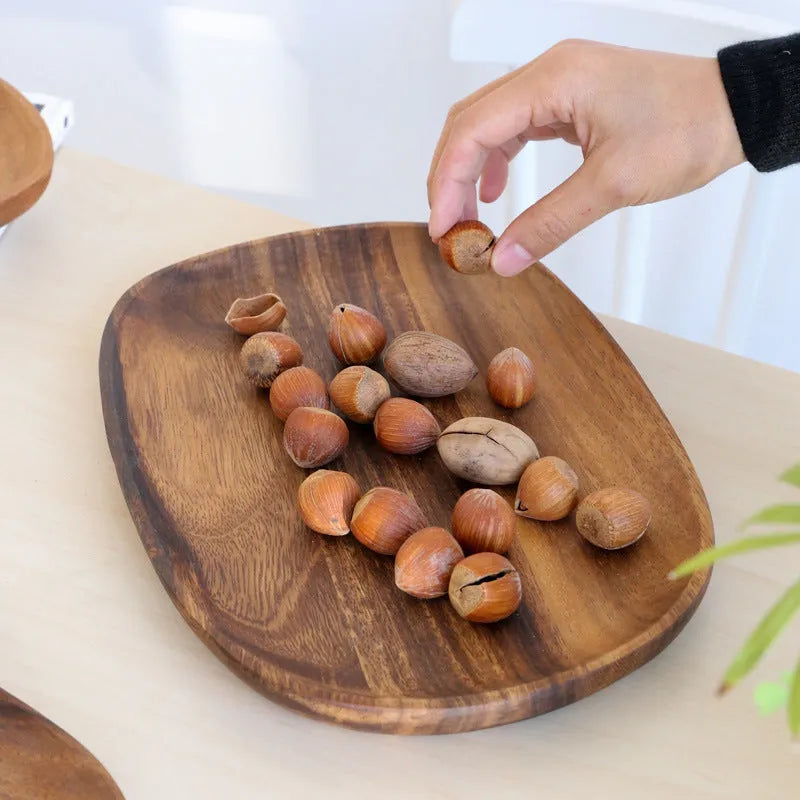 Acacia wood Japanese snack platter with hand-polished finish and natural wood grain