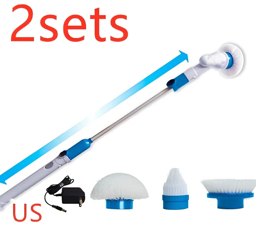 Blue rechargeable electric cleaning brush with retractable extension rod and three interchangeable brush heads