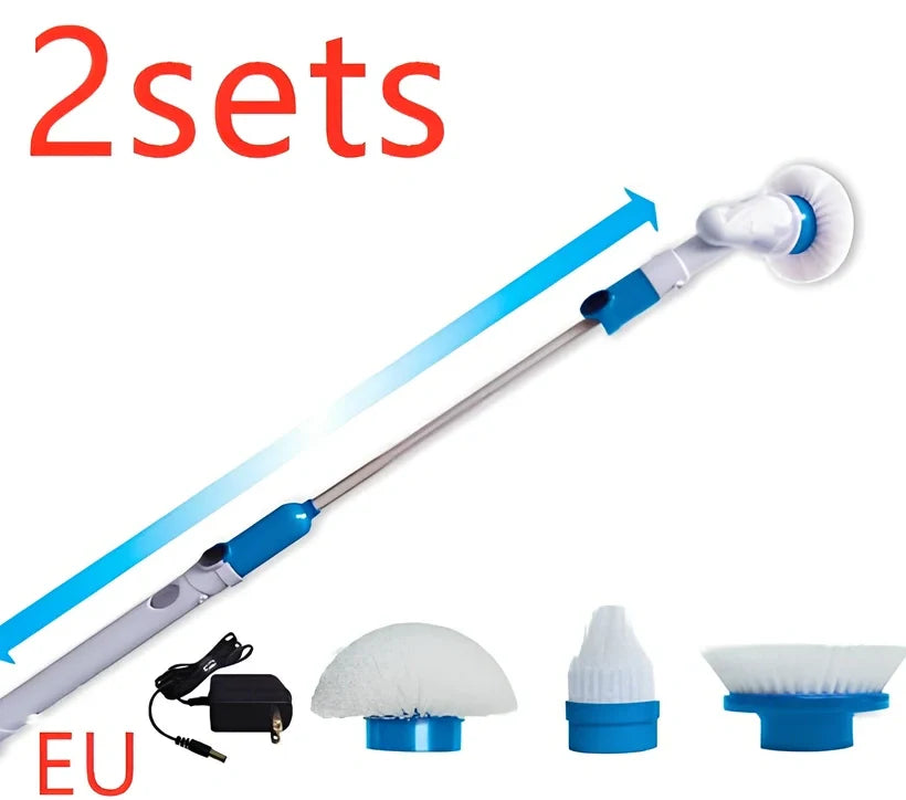 Blue rechargeable electric cleaning brush with retractable extension rod and three interchangeable brush heads