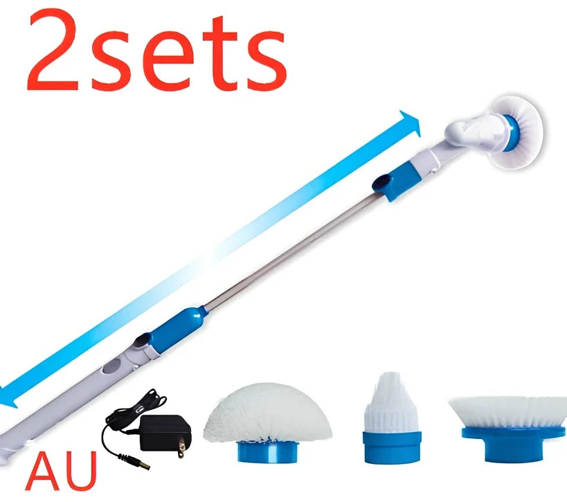Blue rechargeable electric cleaning brush with retractable extension rod and three interchangeable brush heads