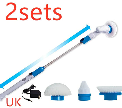 Blue rechargeable electric cleaning brush with retractable extension rod and three interchangeable brush heads