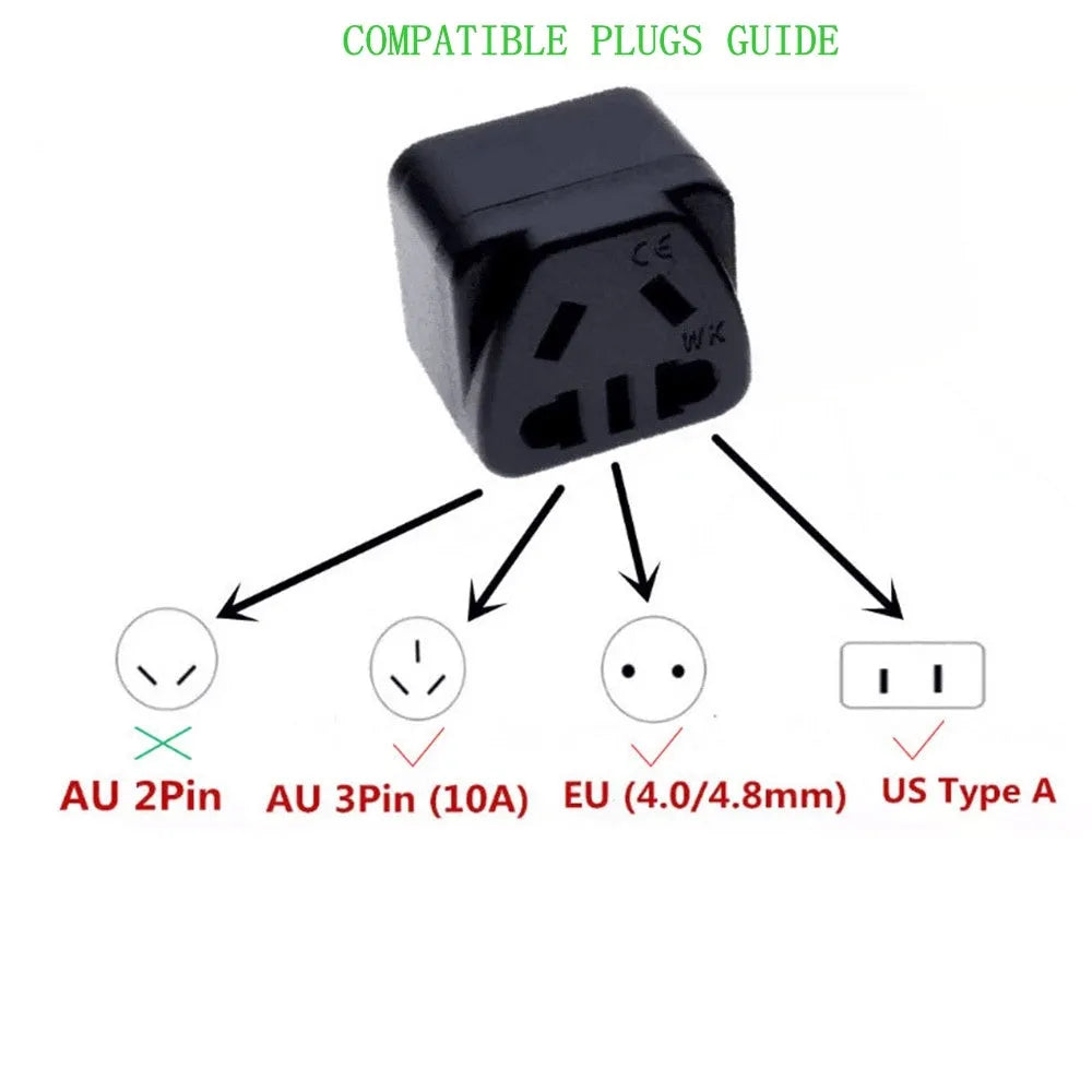 White and black international plug adapter with five output ports for 110-250V devices