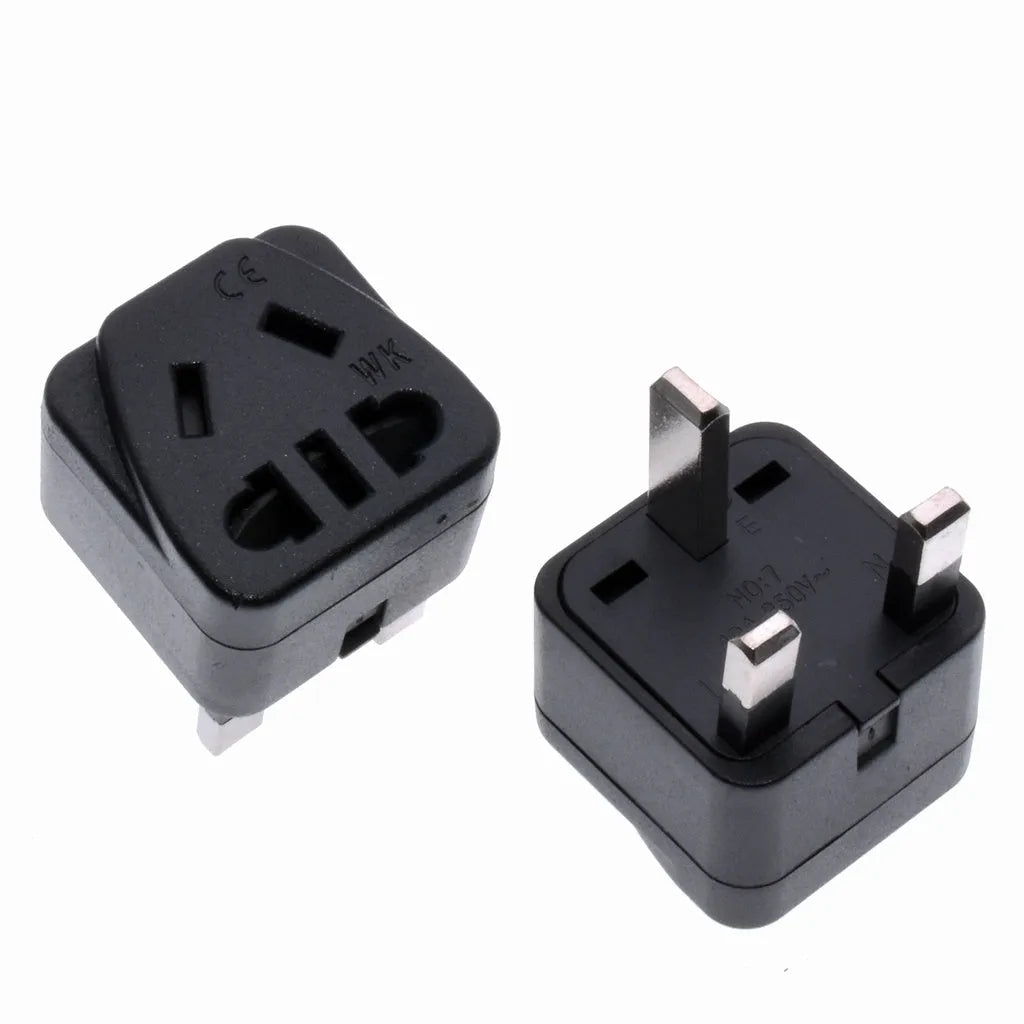 White and black international plug adapter with five output ports for 110-250V devices
