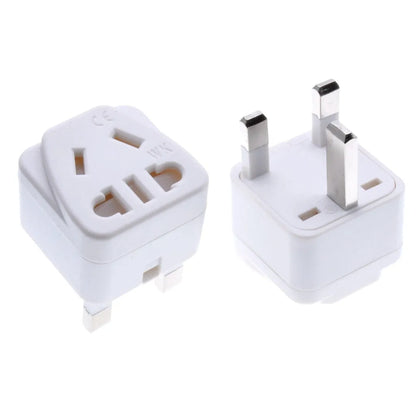 White and black international plug adapter with five output ports for 110-250V devices