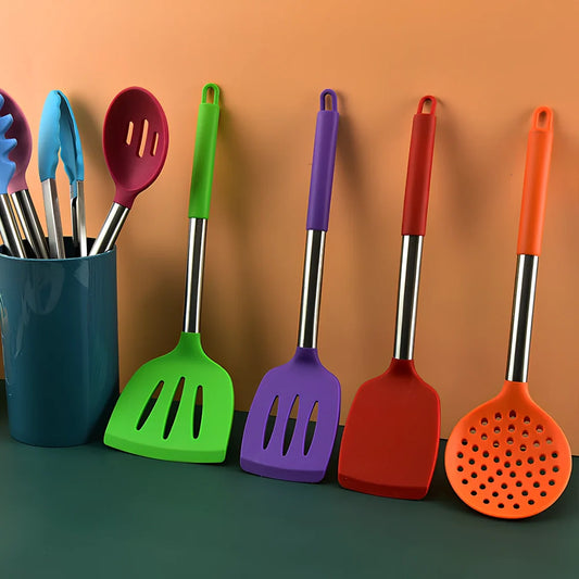 14-piece silicone kitchenware set with stainless steel handles for cooking and food preparation