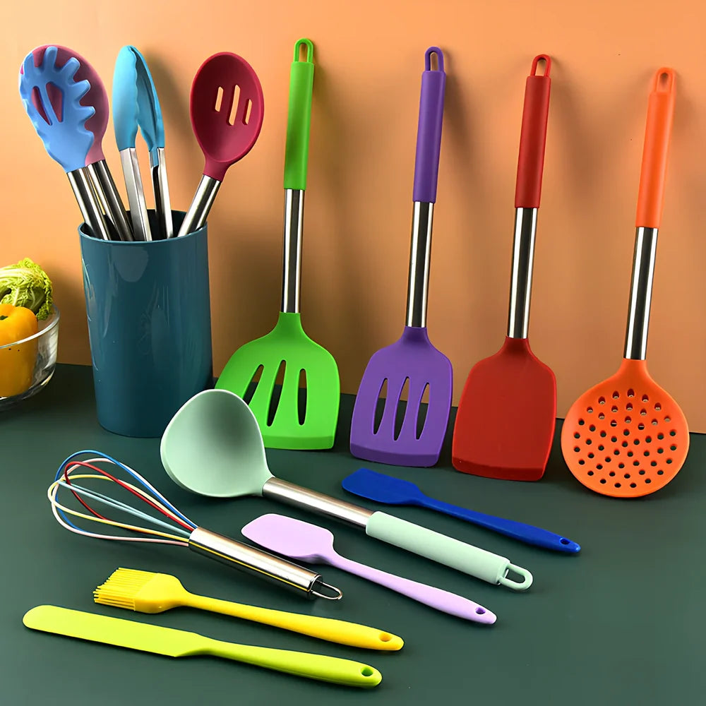 14-piece silicone kitchenware set with stainless steel handles for cooking and food preparation