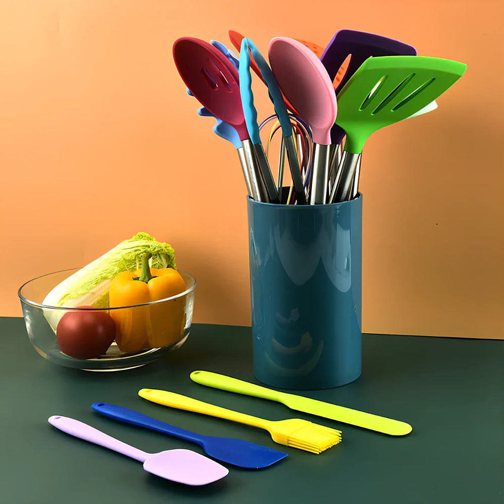 14-piece silicone kitchenware set with stainless steel handles for cooking and food preparation