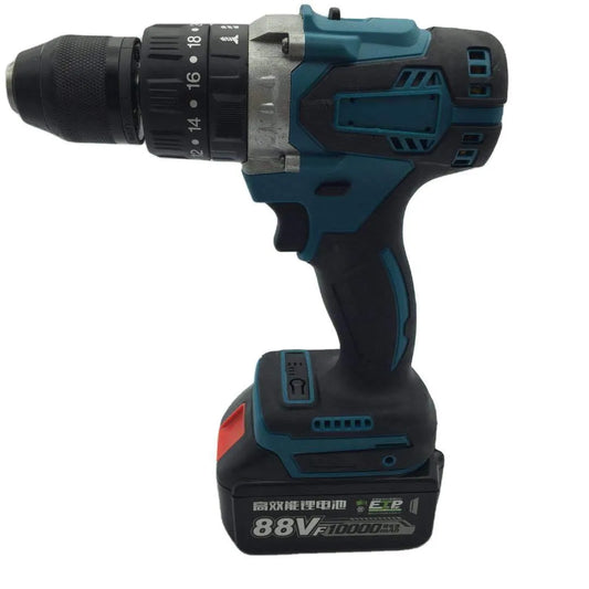 Cordless impact drill with lithium battery showing 13mm chuck and control buttons for drilling and screw driving