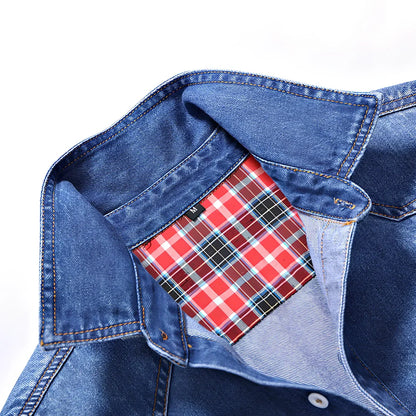 Men's denim shirt with lapel collar and long sleeves in blue, showing slim fit and striped pattern