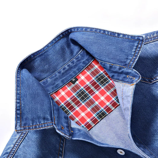 Men's denim shirt with lapel collar and long sleeves in blue, showing slim fit and striped pattern