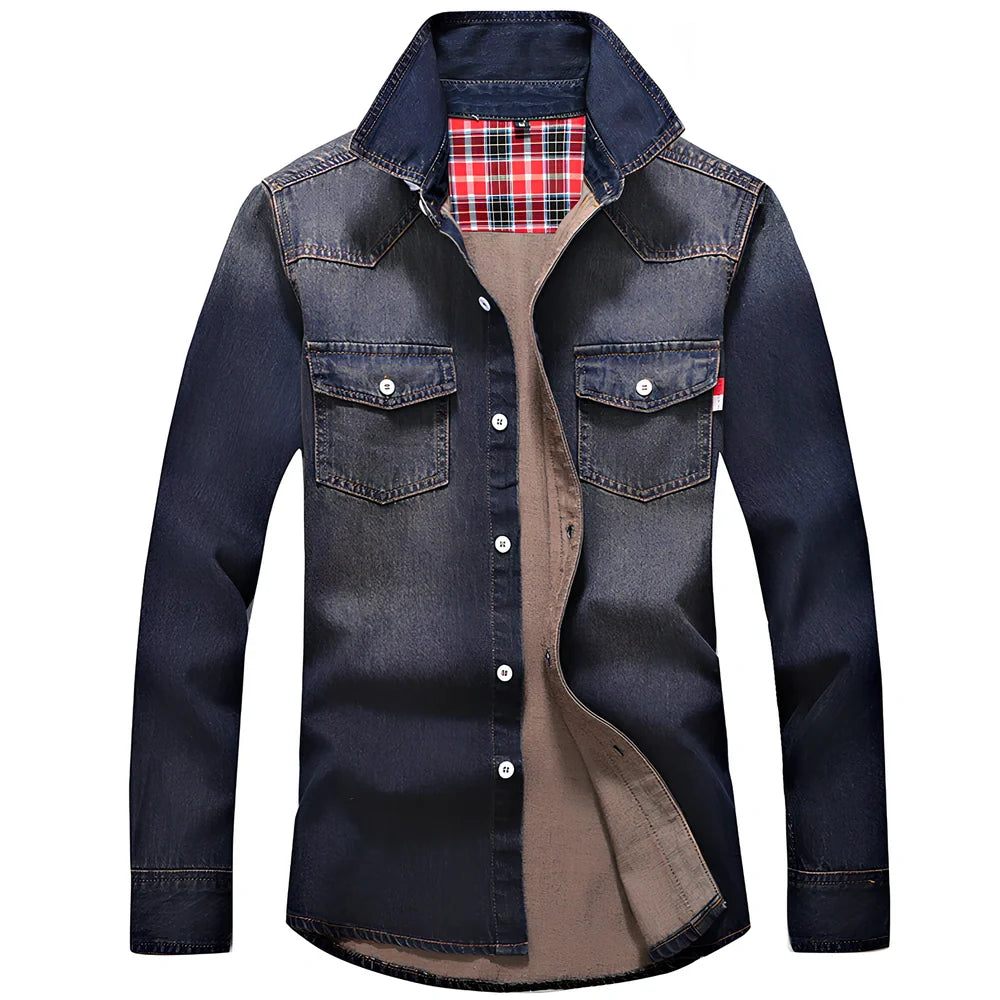 Men's denim shirt with lapel collar and long sleeves in blue, showing slim fit and striped pattern