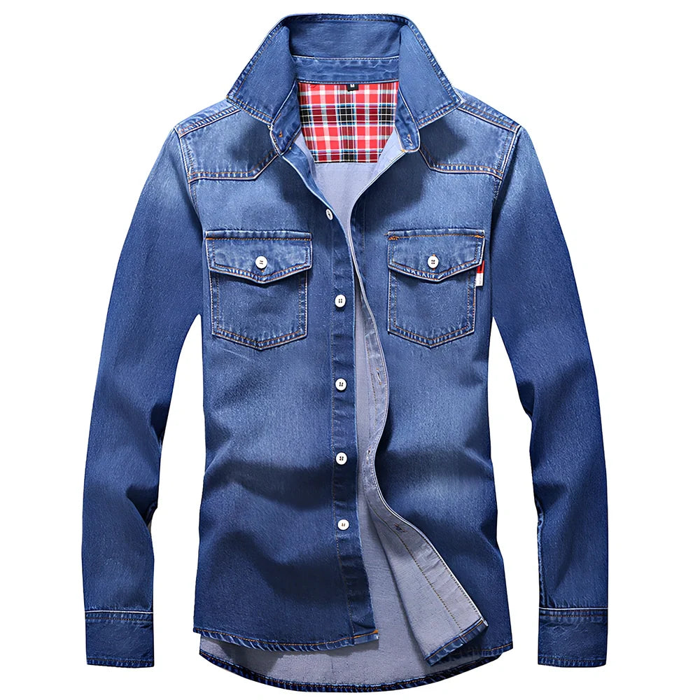 Men's denim shirt with lapel collar and long sleeves in blue, showing slim fit and striped pattern