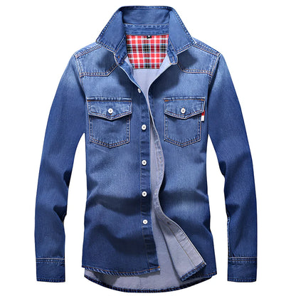 Men's denim shirt with lapel collar and long sleeves in blue, showing slim fit and striped pattern