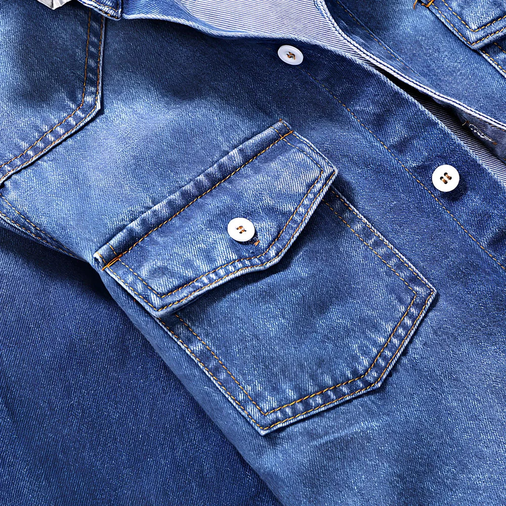 Men's denim shirt with lapel collar and long sleeves in blue, showing slim fit and striped pattern