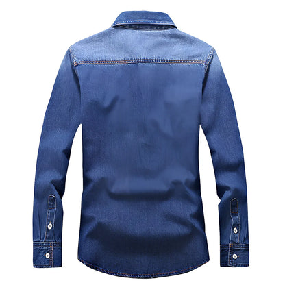 Men's denim shirt with lapel collar and long sleeves in blue, showing slim fit and striped pattern