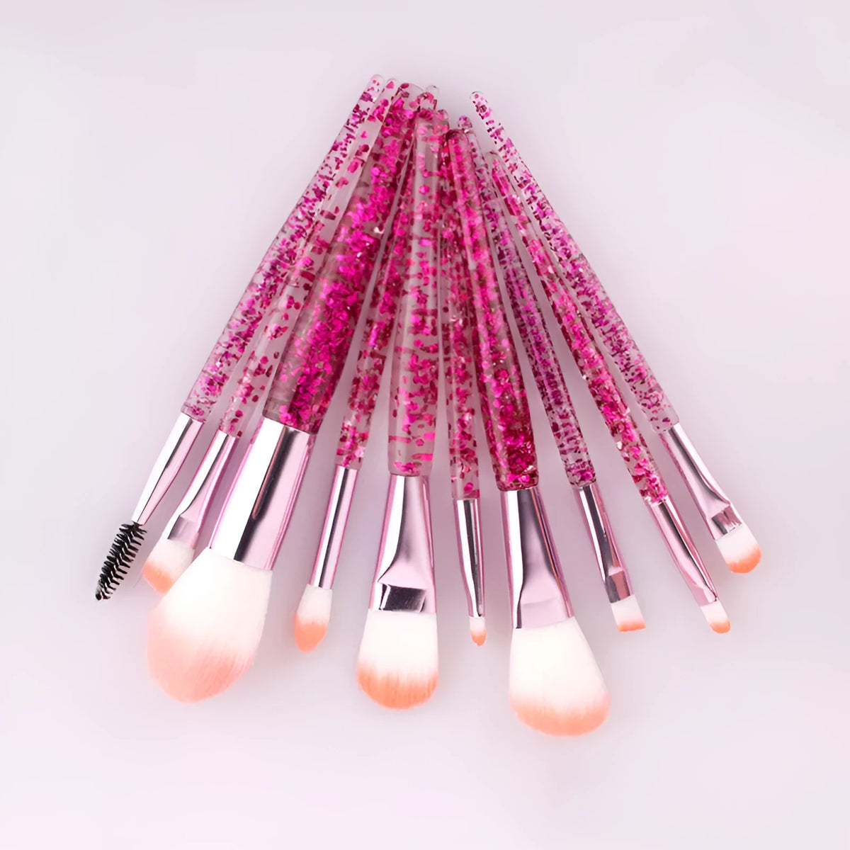 10-piece makeup brush set with nylon bristles, long rod plastic handles and powder-filled handle, pink or purple, 11cm
