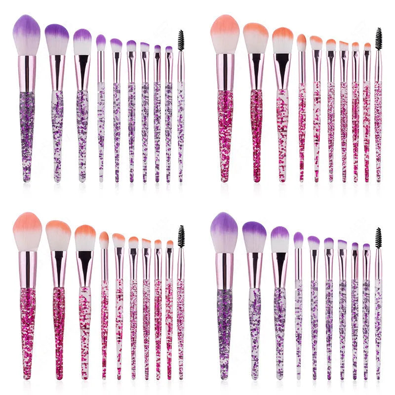 10-piece makeup brush set with nylon bristles, long rod plastic handles and powder-filled handle, pink or purple, 11cm