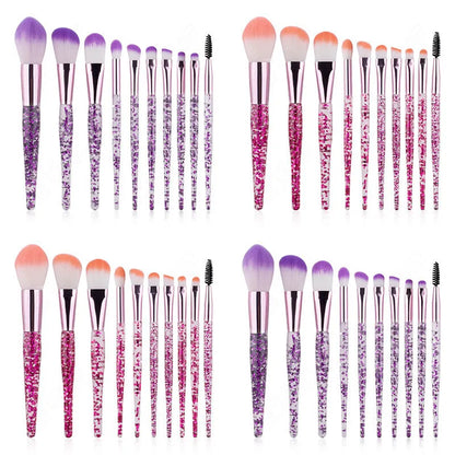 10-piece makeup brush set with nylon bristles, long rod plastic handles and powder-filled handle, pink or purple, 11cm