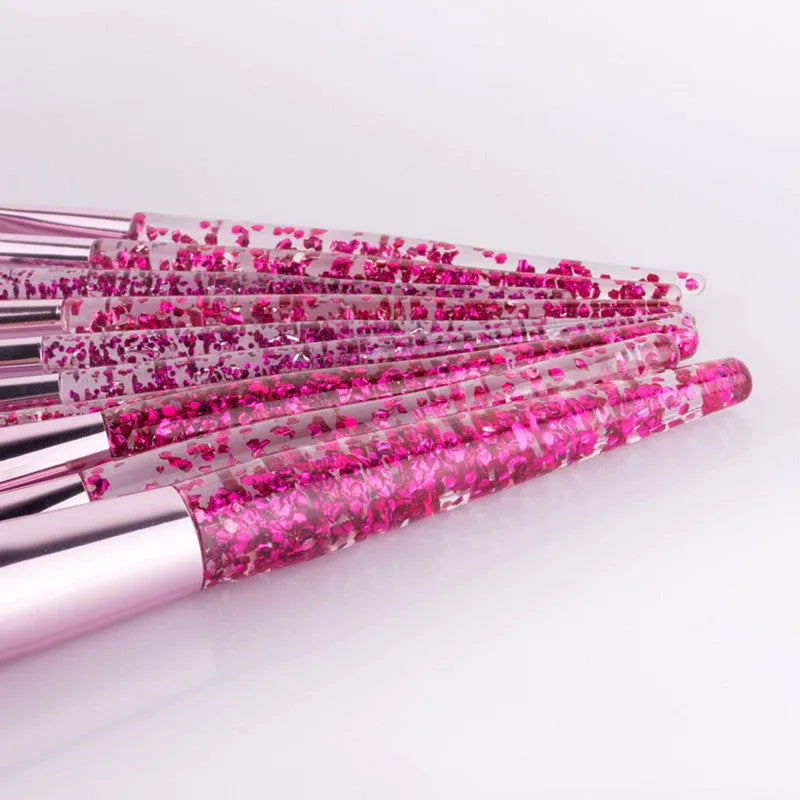10-piece makeup brush set with nylon bristles, long rod plastic handles and powder-filled handle, pink or purple, 11cm