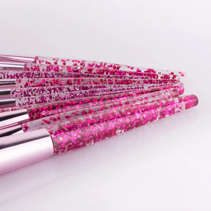 10-piece makeup brush set with nylon bristles, long rod plastic handles and powder-filled handle, pink or purple, 11cm